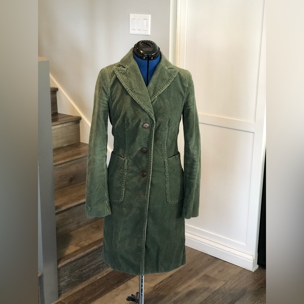 Vintage Calvin Klein Women's Walker Knee Length Coat in Green Corduroy